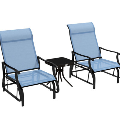 3 planeurs d'extérieur en bleu. Structure en acier et table en verre trempé pour patio, jardin, cour. Profitez du glissement en douceur. Confortable avec. Structure. L 26,06 po x P 30,5 po x H 38,27 po. Assemblage requis