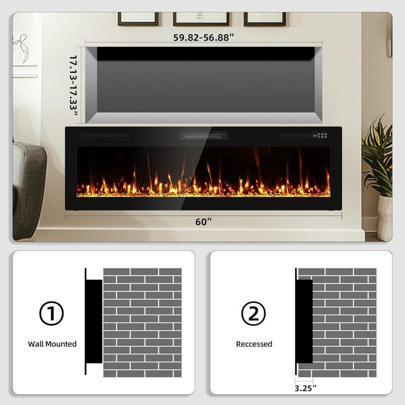 Foyer électrique ultra-mince encastré et mural, H 18,1 po x l 50 po x P 3,25 po
