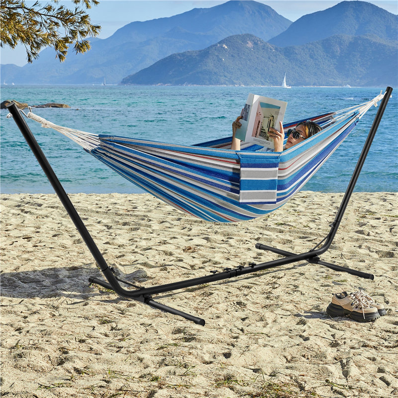 Double Classic Hammock with Stand, Blue Red Stripe