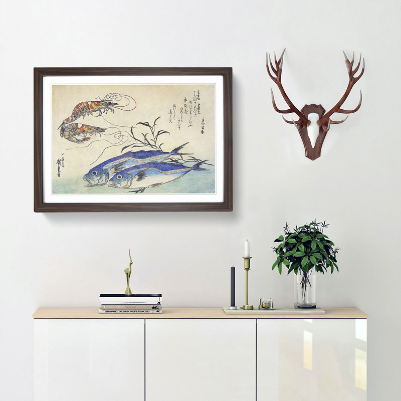Mackerel and Prawns by Utagawa Hiroshige - Framed Print, 27cm H x 36cm W x 2cm D, Walnut Framed