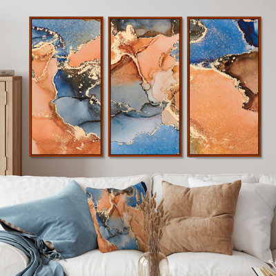 " Blue And Orange Luxury Abstract Fluid Art I " 3 Piece Art Watercolor Set