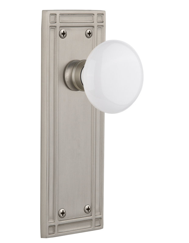 Plaque de mission avec bouton de porte en porcelaine blanche, Nickel satiné, 2 3/4 po