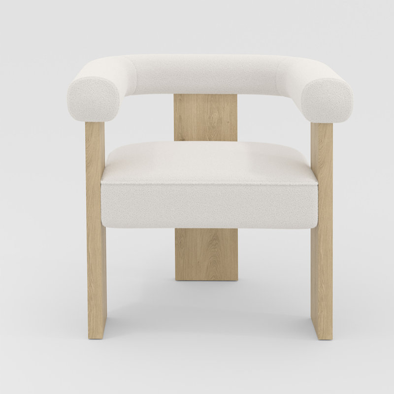 Blediom 27"W Upholstered Armchair with Cream Boucle, Oak Wood