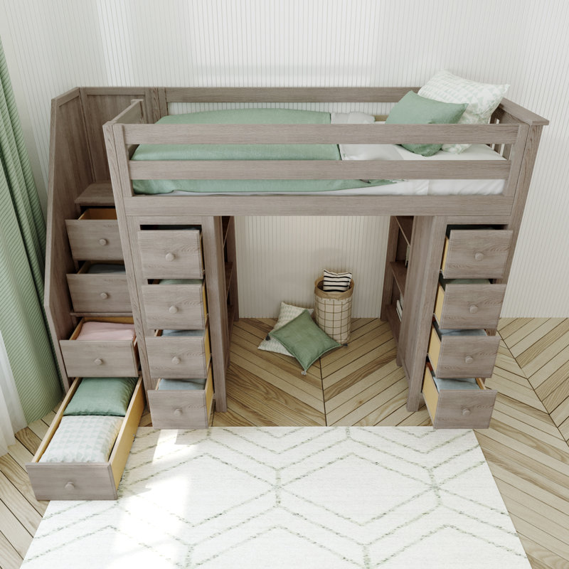 Gannon Kids Twin Loft Bed with Drawers, Stone