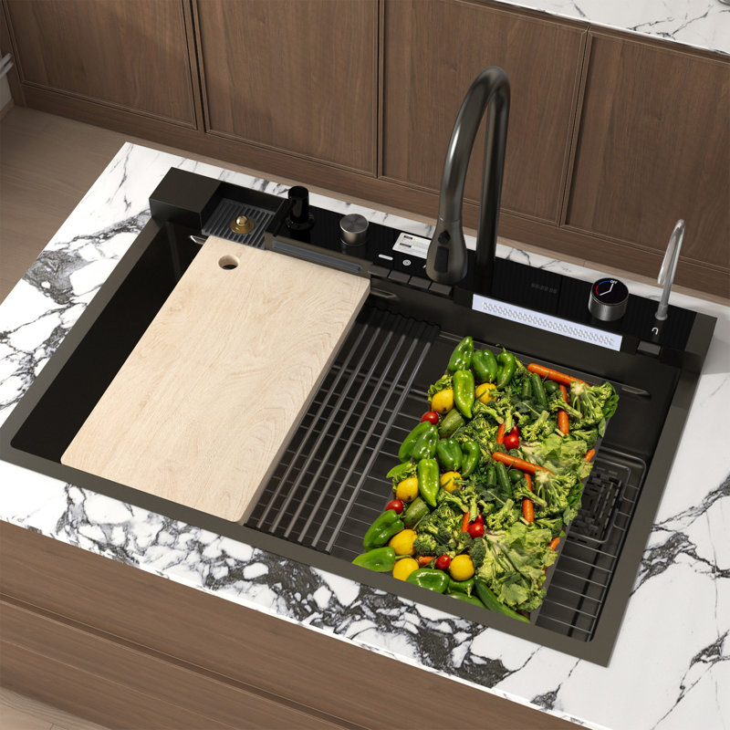 Drop-In Single Bowl Stainless Steel Kitchen Sink With Pull-Down Faucet And Cutting Board And Grid