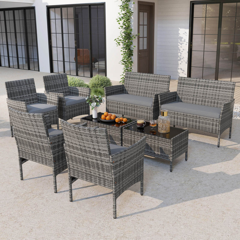 8 Pcs Patio Furniture Set With Washable Cushions And Tempered Glass Coffee Table Gray
