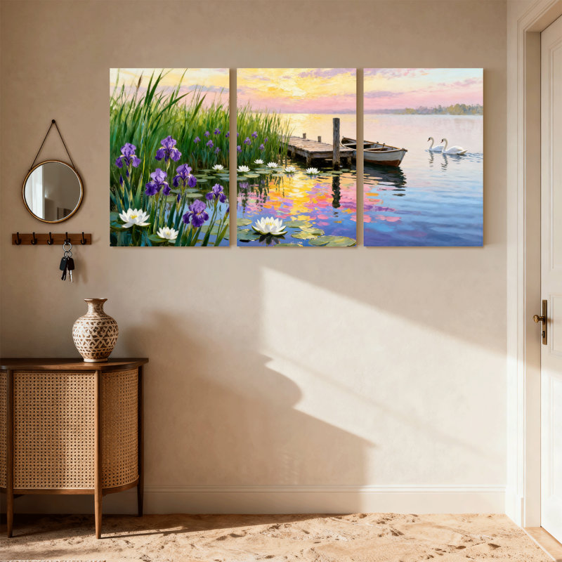 Assortiment de bouquets au bord du lac avec cygnes et fleurs, ensemble de 3 impressions murales sur toile, H 24 po x l 48 po