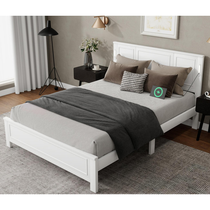 King Size Bed With Tall-panel Headboard & Footboard, Built-in Led Lights, Usb Charging Station, Blanc, Grand lit