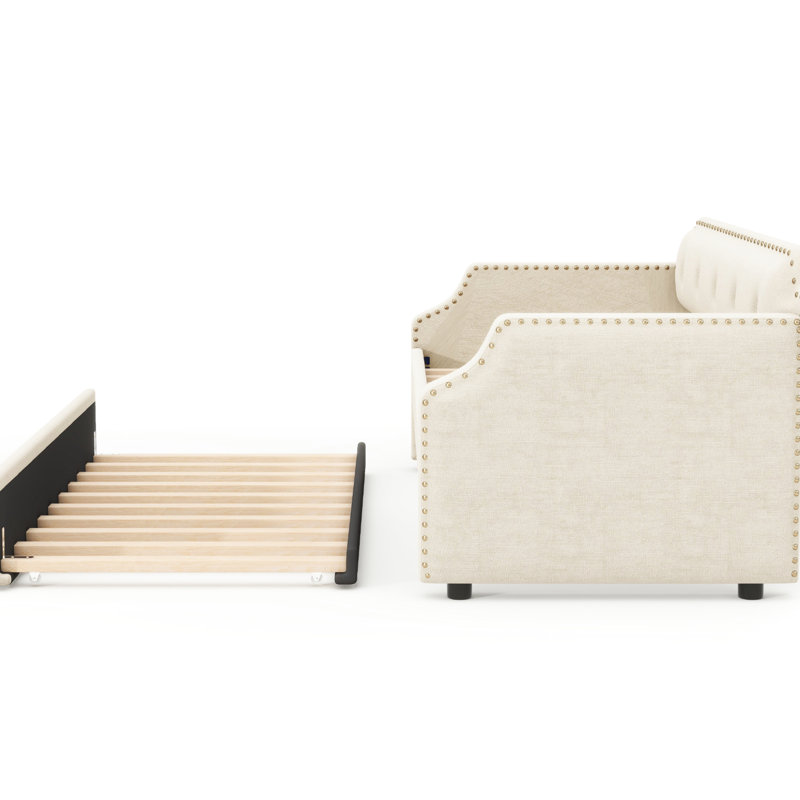 Lit de jour rembourré beige avec lit gigogne escamotable, lit simple pour matelas en mousse de taille dortoir