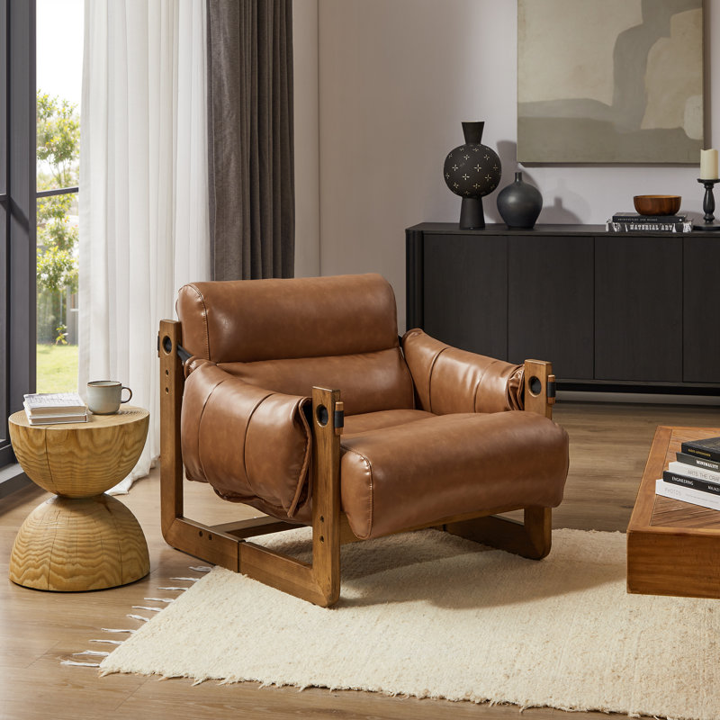 Solid Wood Leisure Lounge Chair, Brown Faux Leather