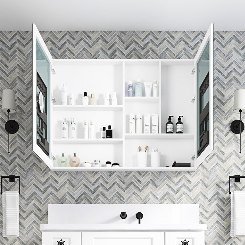 Armoire de rangement pour salle de bain miroir l 48 po x H 36 po - Unité de porte murale, encastrée / en surface 48 po x 36 po en bois blanc, plusieurs compartiments, décor moderne