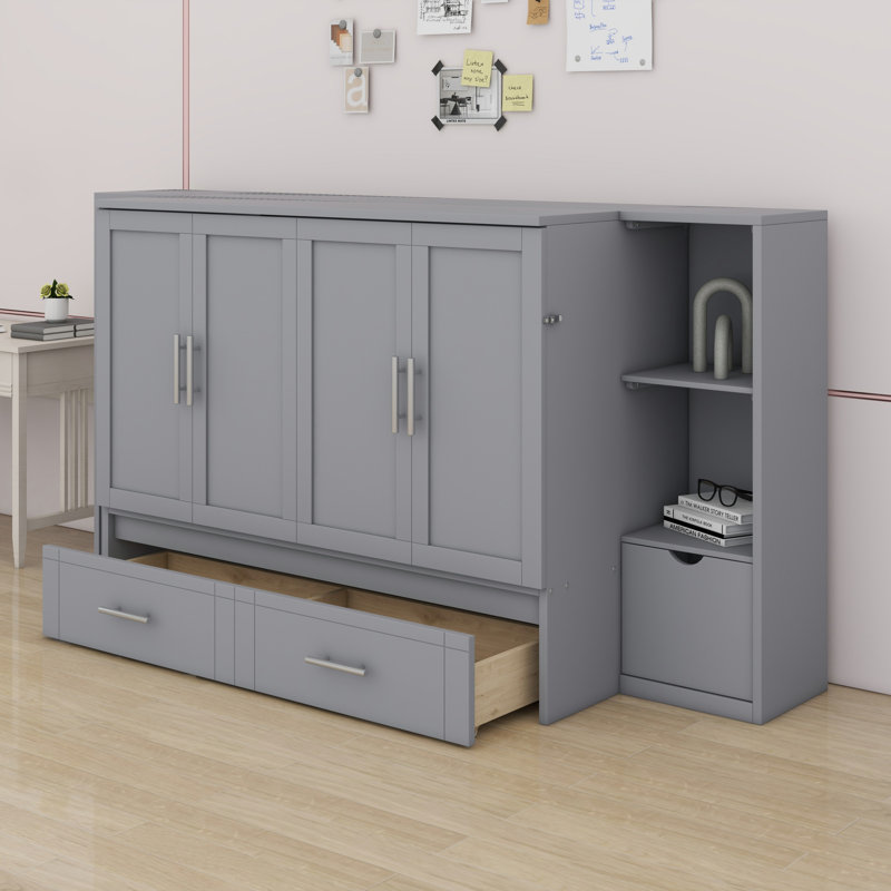 Bed Murphy Storage Bed with Shelves, Drawers and USB Ports, Gray, Full