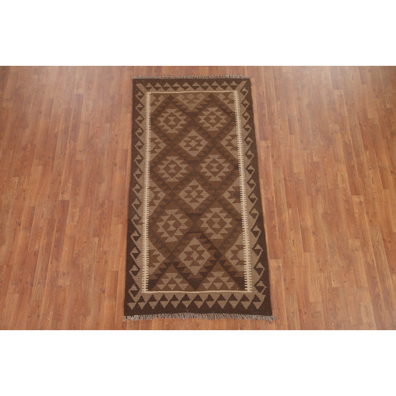 Tapis de couloir oriental brun en laine Kilim 3 x 7