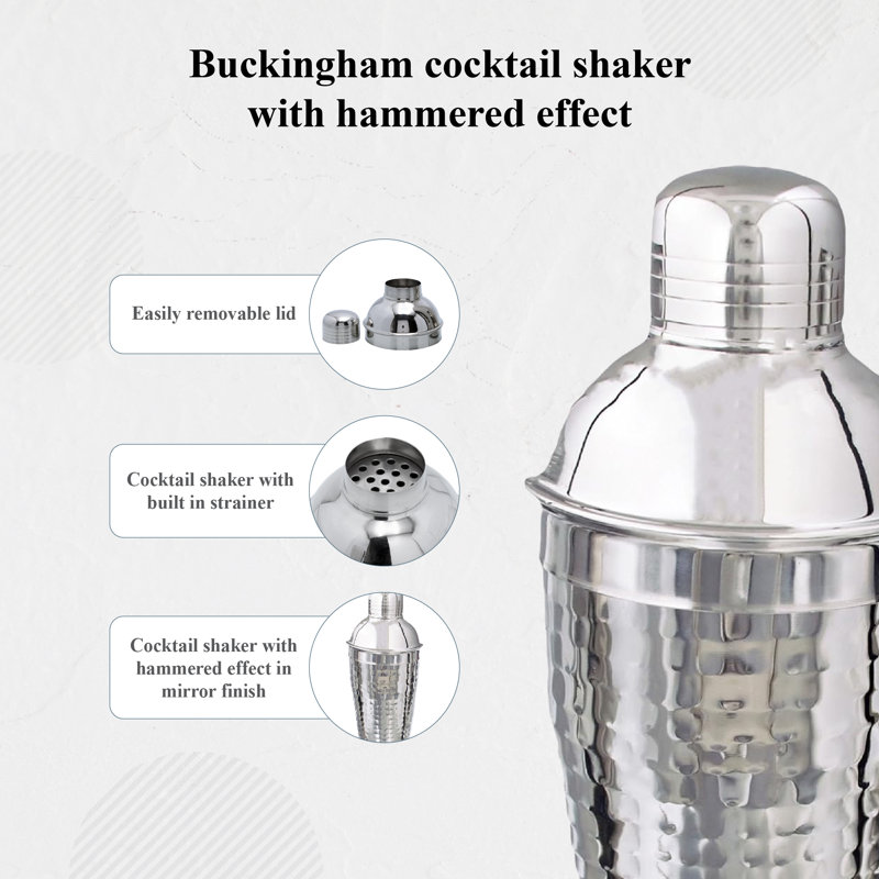 Buckingham Stainless Steel Cocktail Shaker with Hammered Effect, 23.5cm H x 8.5cm W x 8.5cm D