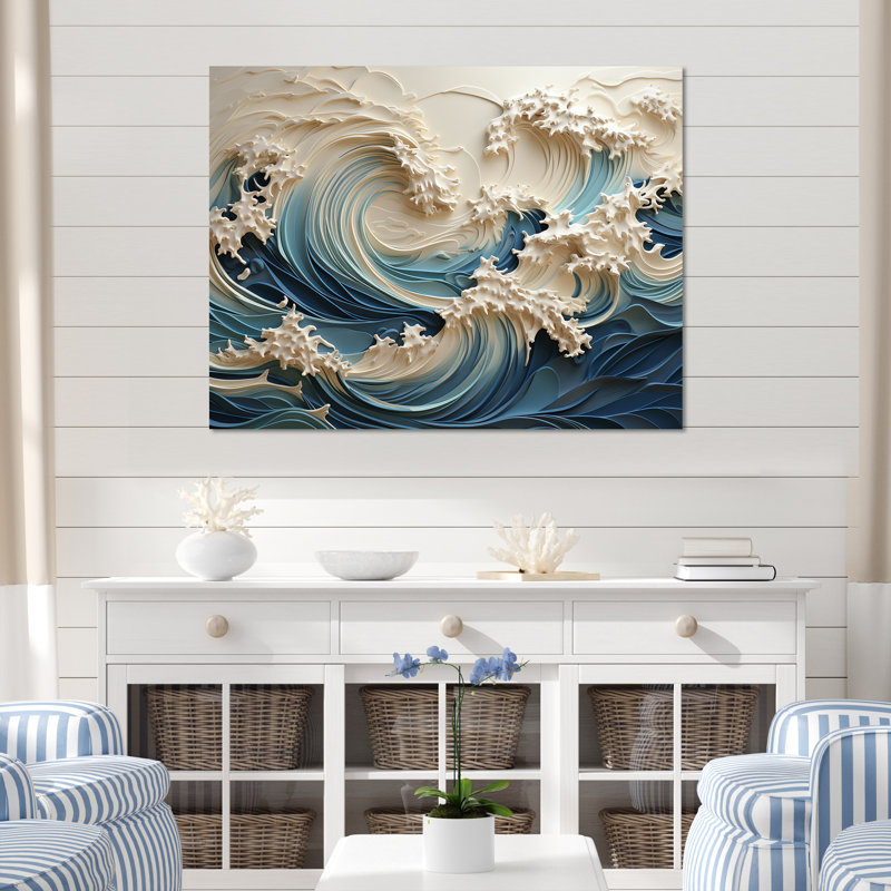 «White and Blue Wave Papercut Style III - Coastal Waves», reproduction d'art sur toile Wave (sans textures), Toile tendue