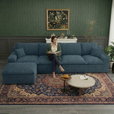 Canapé modulaire de 136 po Cloud Couch pour salon, canapé en L sans siège avec assise profonde, canapé en velours côtelé moderne à 5 places avec repose-pieds, aucun assemblage requis