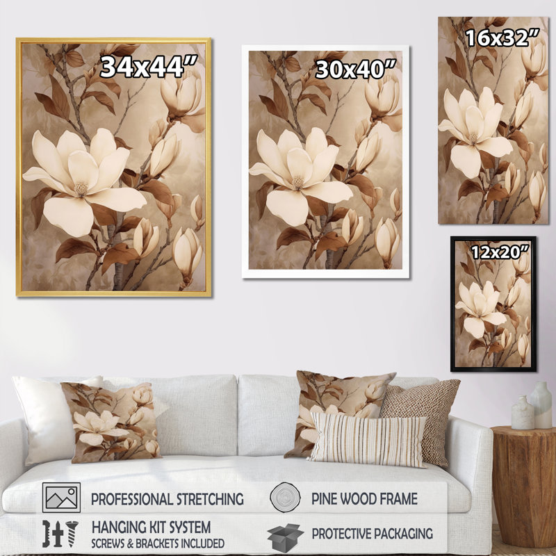 Blanc blanc brun Magnolias nature sérénité - art mural floral, Cadre simple blanc, H 44 po x l 34 po x P 1,5 po