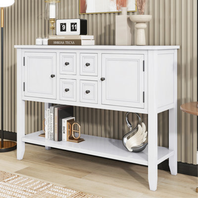 Grande console de rangement rétro Cambridge Series avec quatre petits tiroirs et une tablette inférieure pour les salons, les entrées et les cuisines