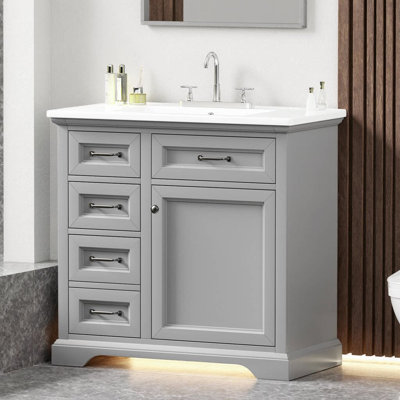 Meuble-lavabo 36 po avec lavabo en céramique - 2 tiroirs basculants et 2 tiroirs profonds, porte à fermeture en douceur avec organisateurs et tablette réglable, structure en bois d'hévéa pour la salle de bain