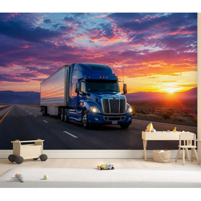 Murale Papier peint auto-adhésif avec remorque et camion de transport lourd qui accélère sur quatre voies Papier adhésif amovible pour décoration de salon H 69 po x l 96 po