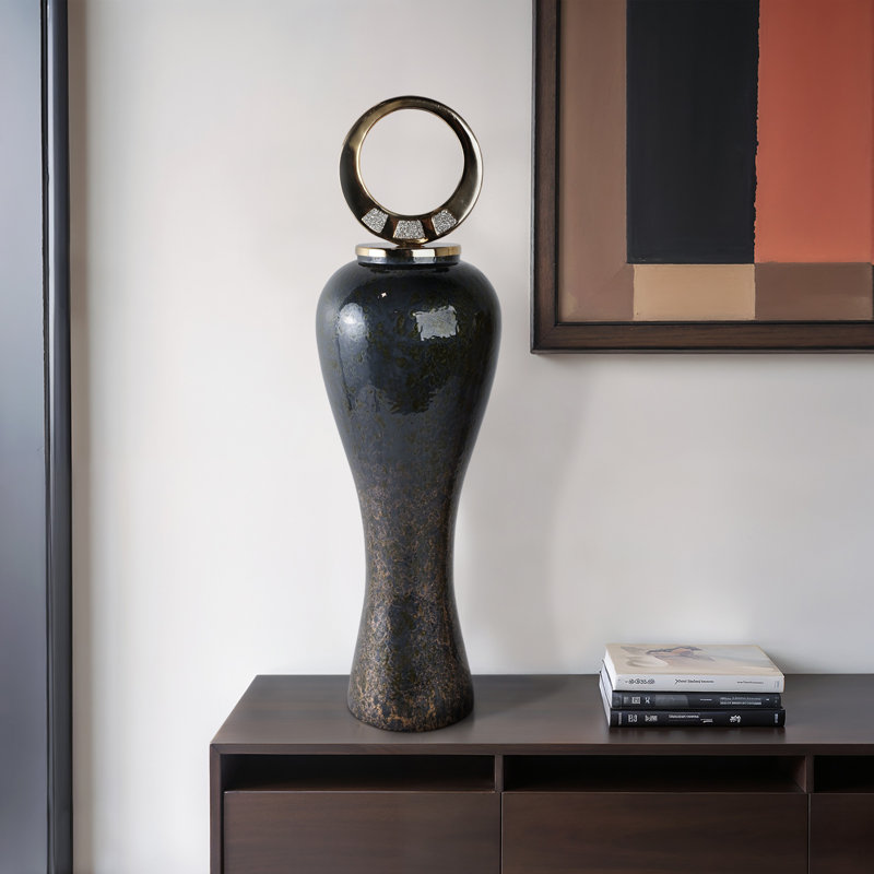Laynette Modern Glass Vase with Sculptural Metal Brass Accent and Stone Detail for Contemporary Decor, 34" H x 10" W x 10" D
