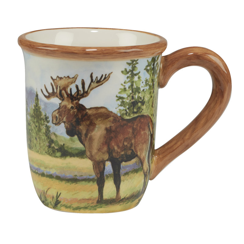 Rustic Wildlife Ceramic Mugs Set with Hand Painted Woodgrain Rims