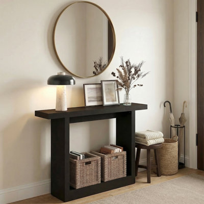 Furinno ARA Entryway Table 47-Inch, Narrow Farmhouse Console Table, Sofa Table with wide Bottom Shelf, Couch Table Behind Sofa, Entryway Table for Entrance, Hallway, Living Room, Black Dark Oak