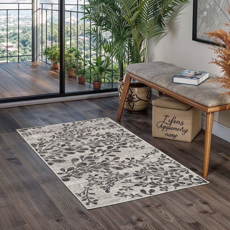 Charcoal Modern Outdoor Rug, Floral Stain Resistant Easy to Clean Rug For Patio, Balcony, Decks & Garden