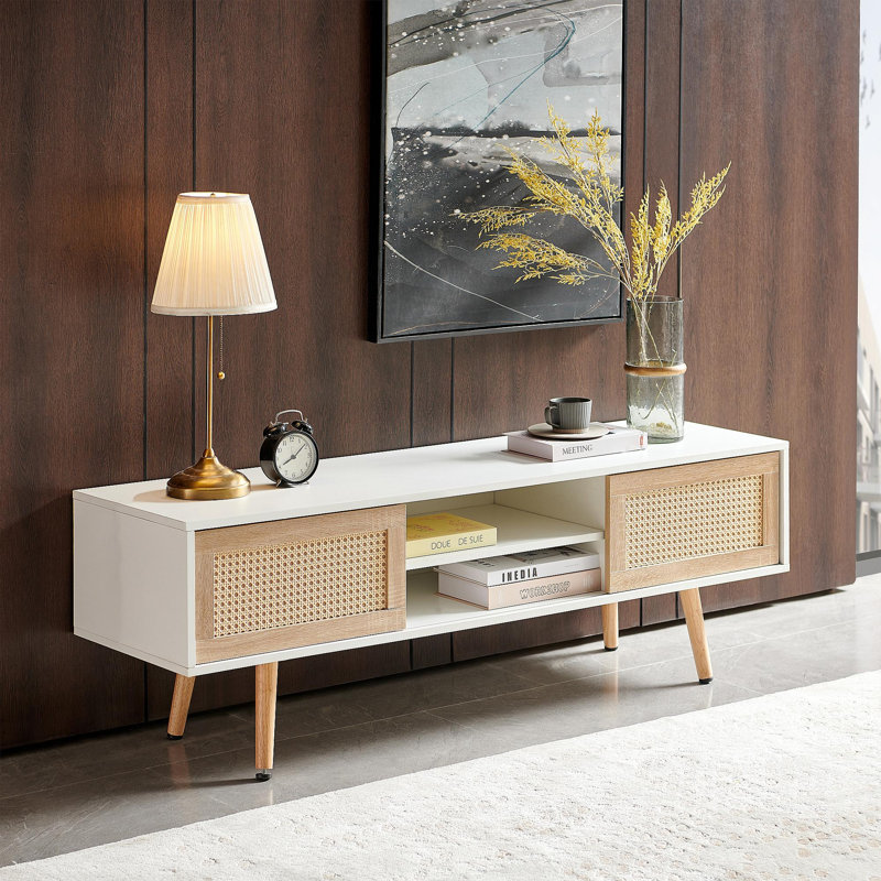 55.12" Rattan TV Cabinet, Double Sliding Doors For Storage,  Adjustable Shelf, Solid Wood Legs, TV Console For Living Room , White