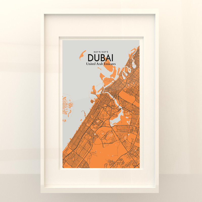 Dubai City Map In Orange - No Frame Print, 17cm H x 11cm W x 0.05cm D
