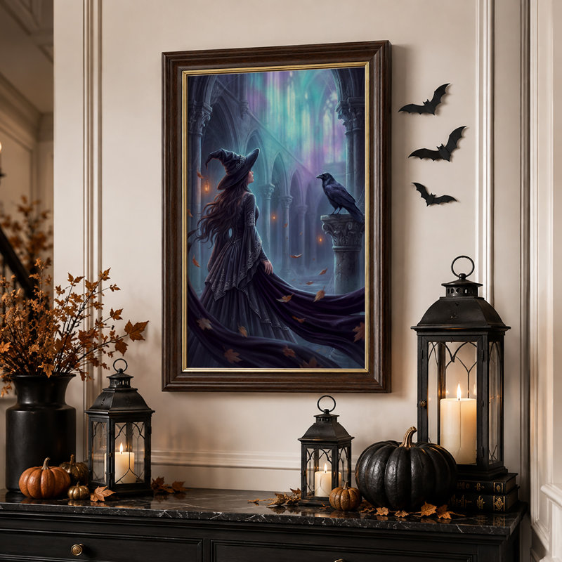 Sorcière et corbeau dans une cathédrale gothique violette, toile murale d'Halloween, H 24 po x l 16 po