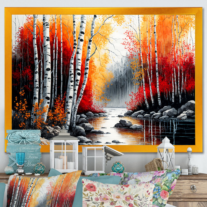 Bouleaux rouges et oranges au bord de la rivière - Impression sur toile, Impression dorée sur toile encadrée