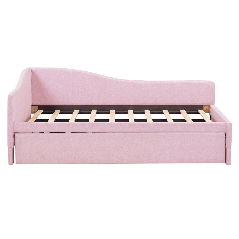 Twin Size Upholstered L-Shaped Upholstered Daybed With Pop Up Trundle, Pink