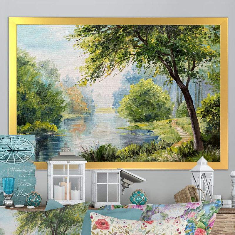 «Spring River Landscape», reproduction d'art sur toile, Toile encadrée dorée, H 24 po x l 36 po x P 1 po