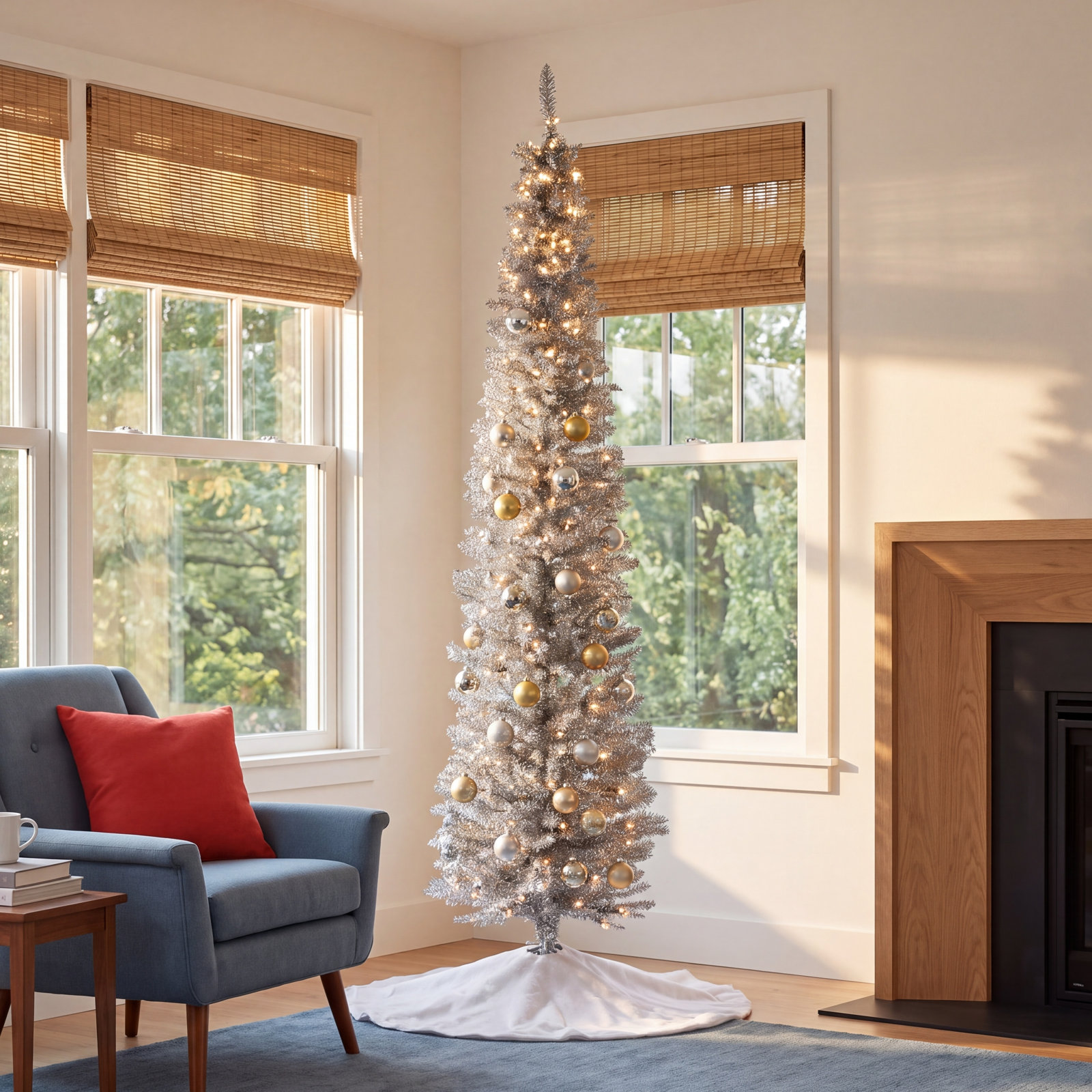 Silver Pre-Lit Pine Christmas Tree, 7'