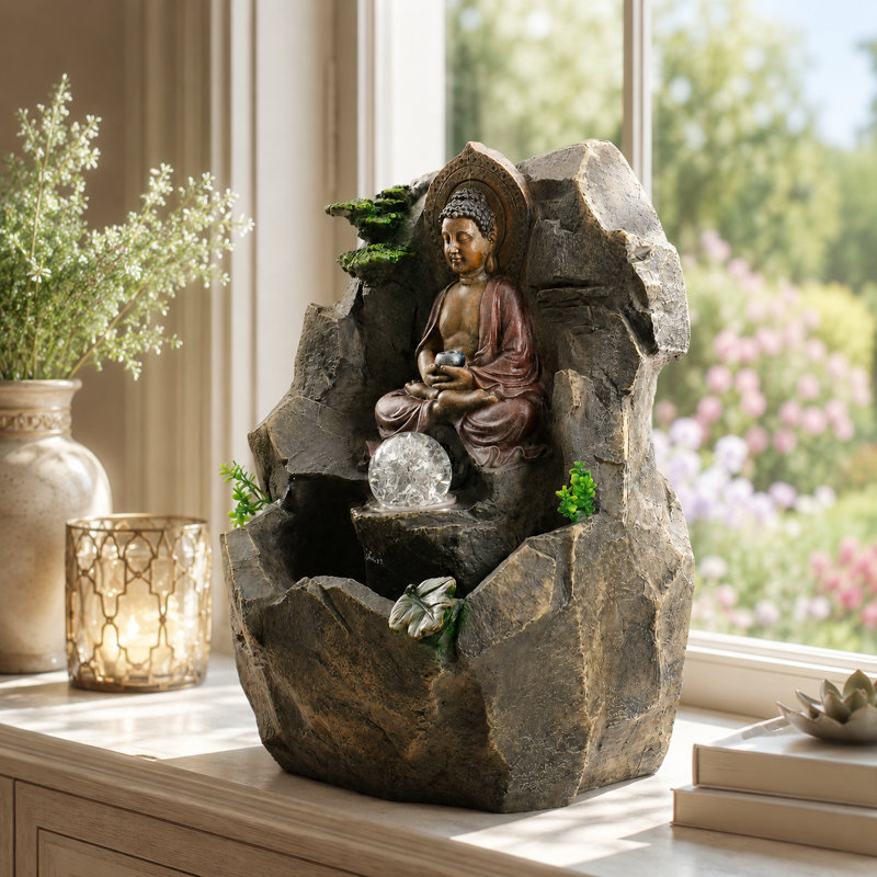 Fontaine de table de Bouddha de 15 pouces avec orbe en verre DEL, fontaine en résine