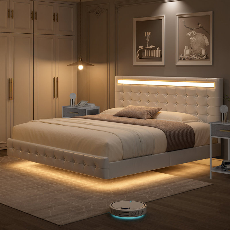 3-Piece Bedroom Sets, Floating Bed Frame with LED Headboard and 2 3-Drawer Nightstand Set, White, King