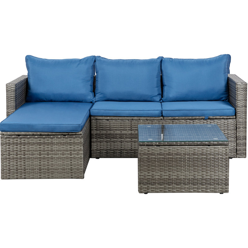 3-Piece Outdoor Sofa Set With Glass Table, Navy