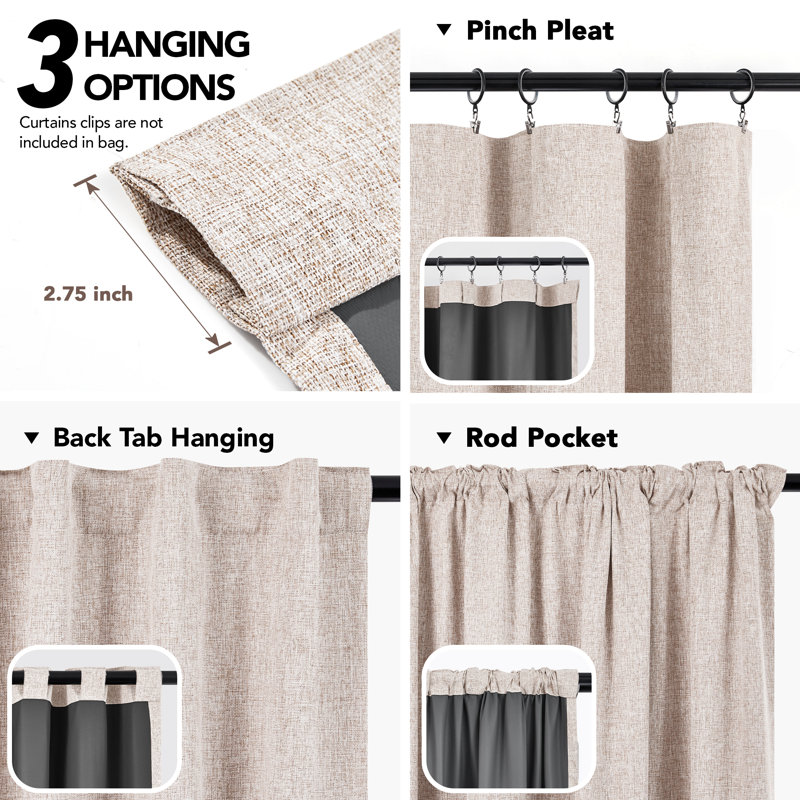 100% Blackout Faux Linen Curtains with TPU Backing – Dual-Layer Noise Reducing & Thermal Insulated Drapes, 52" W x 63" L