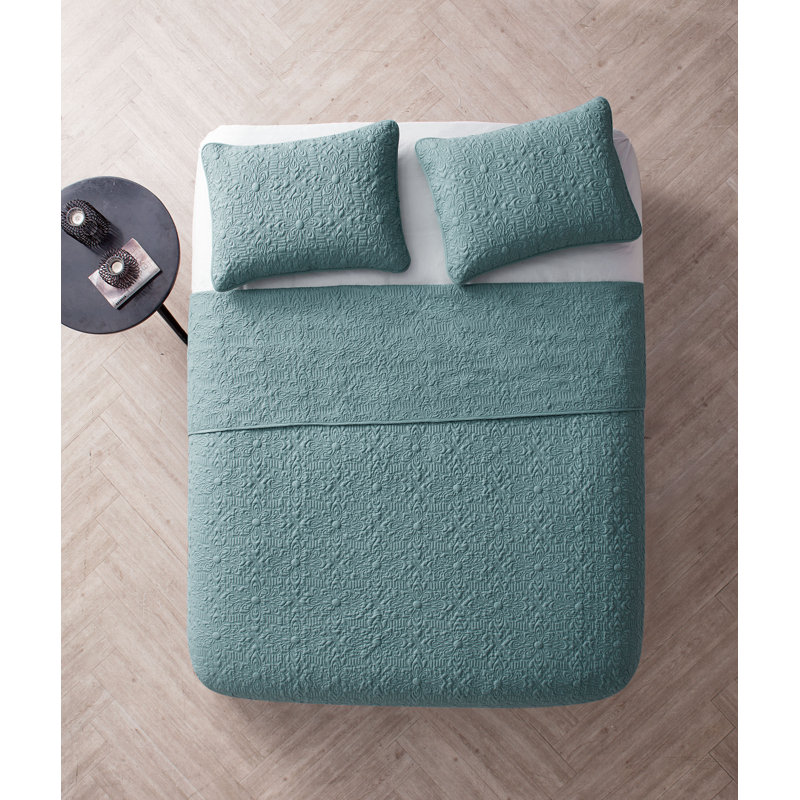 Caroline Embossed Floral Quilt Set, Blue Sage, King Quilt + 2 King Shams