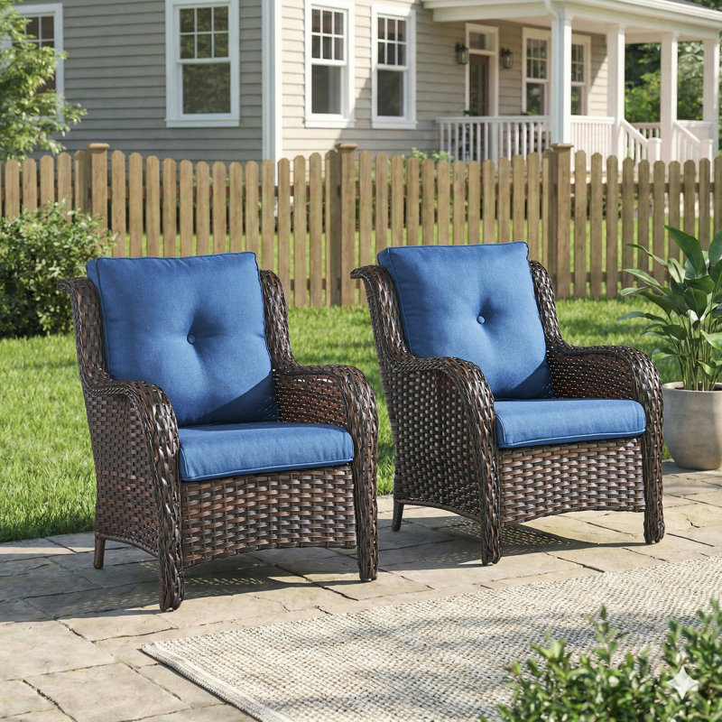 Ensemble de 2 chaises de patio en osier avec dossier haut, siège en rotin PE toutes saisons pour terrasse, Bleu, Brun