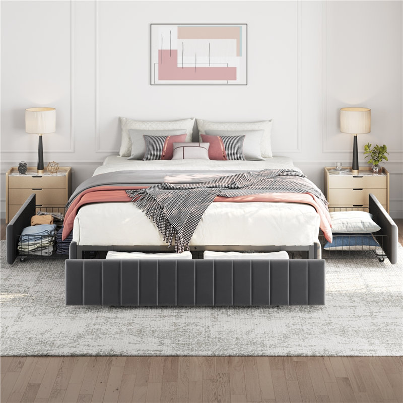 Modern Upholstered Bed Frame with Storage, Full, Dark Grey