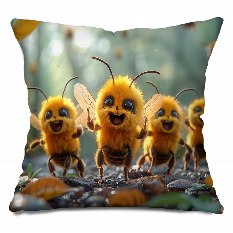 12941_ Coussin décoratif Happy Bees, œuvre d'art en sergé de coton, H 16 po x l 16 po