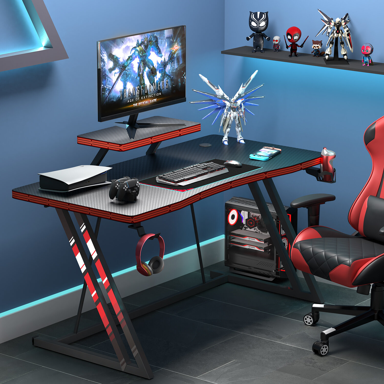 Gaming Computer Desk with RGB Lights,Ergonomic Z Shaped Gaming Desk with  Headphone Hook and Cup Holder,Girls Style Gamer Table for Home Office Small  Spaces : : Home