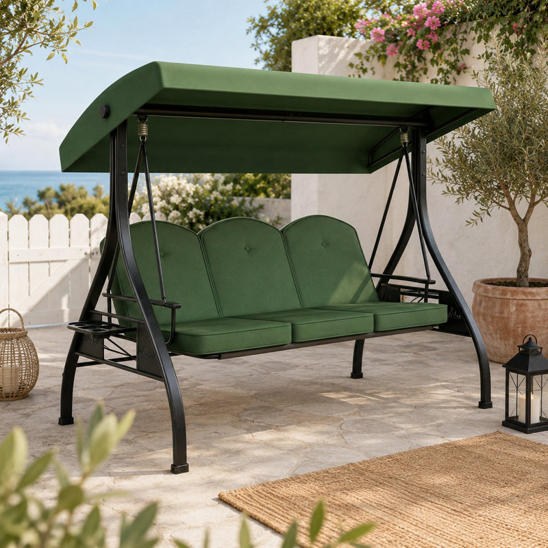 Balancelle-lit convertible 3 places pour terrasse extérieure de 195 cm (77 po) avec auvent réglable et porte-gobelets, capacité de 363 kg (800 lb).