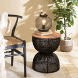Beige Rattan Side Table With Reclaimed Teak Wood Top
