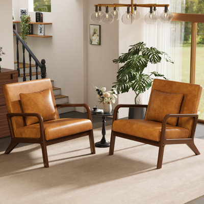 Fauteuil d'appoint rembourré en bois massif avec coussin supplémentaire, accoudoirs bruns et similicuir brun