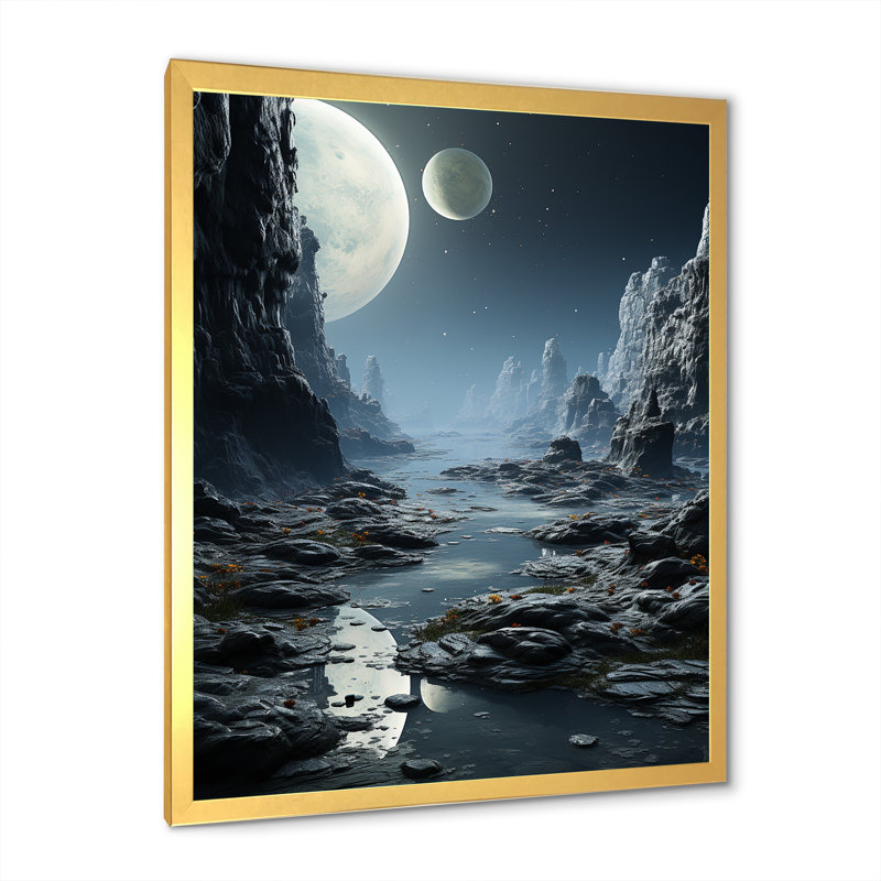 Blanc et gris Infinite Cosmos II - espace planète, art mural, Cadre doré simple, H 32 po x l 16 po x P 1 po