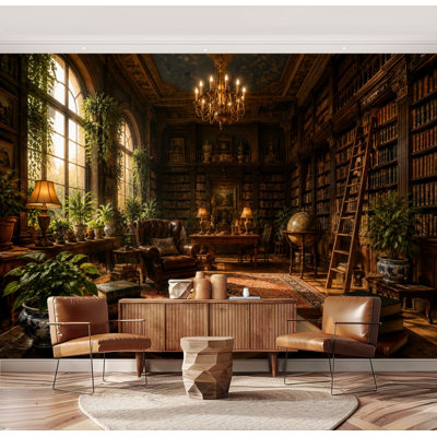 Wall Mural Peel and Stick Wallpaper Cozy Vintage Library Interior Bookshelves Armchairs Chandeliers Self-Adhesive Removable Contact Paper Wall Decor for Living Room Bedroom 69"H x 96"W