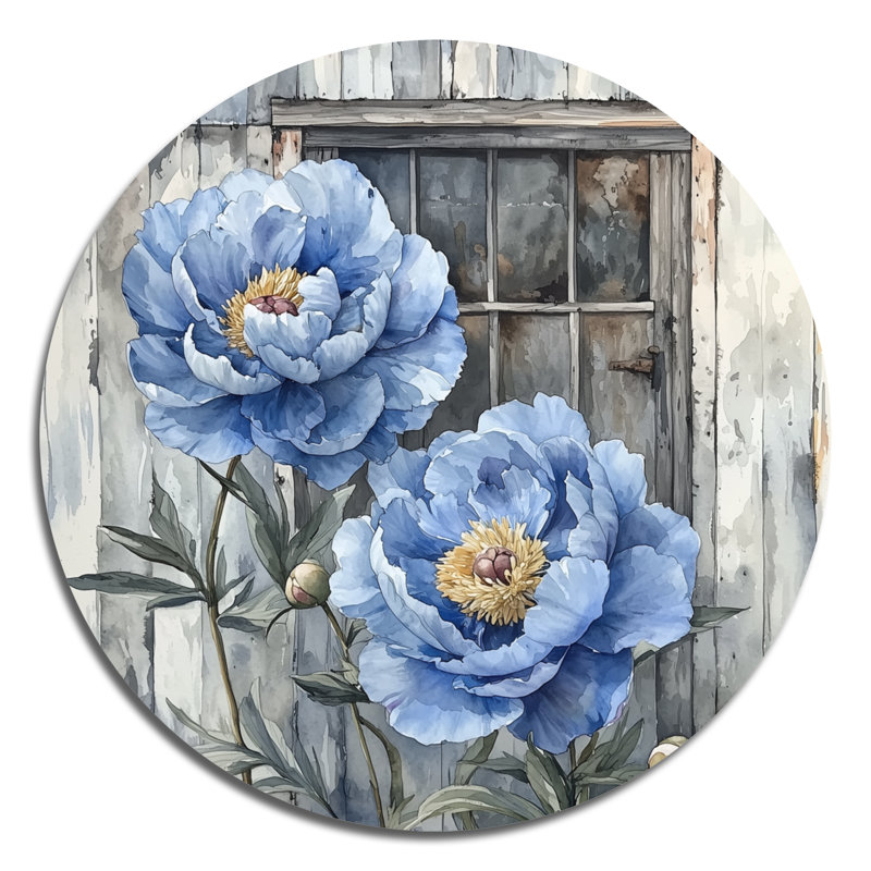 Acier bleu pivoines par la remise à outils - pivoines rondes, art mural en métal, H 16 po x l 16 po